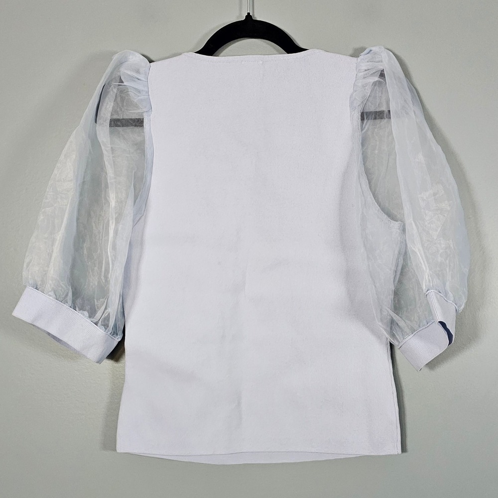 NWOT Joie Light Blue Square Neck‎ Puff Sleeve Ribbed Knit Top Women's Size L - Picture 2 of 5